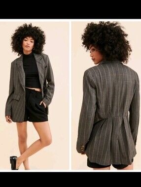 Free People Charlotte Pinstriped Pleat Back Blazer Charcoal Combo Large